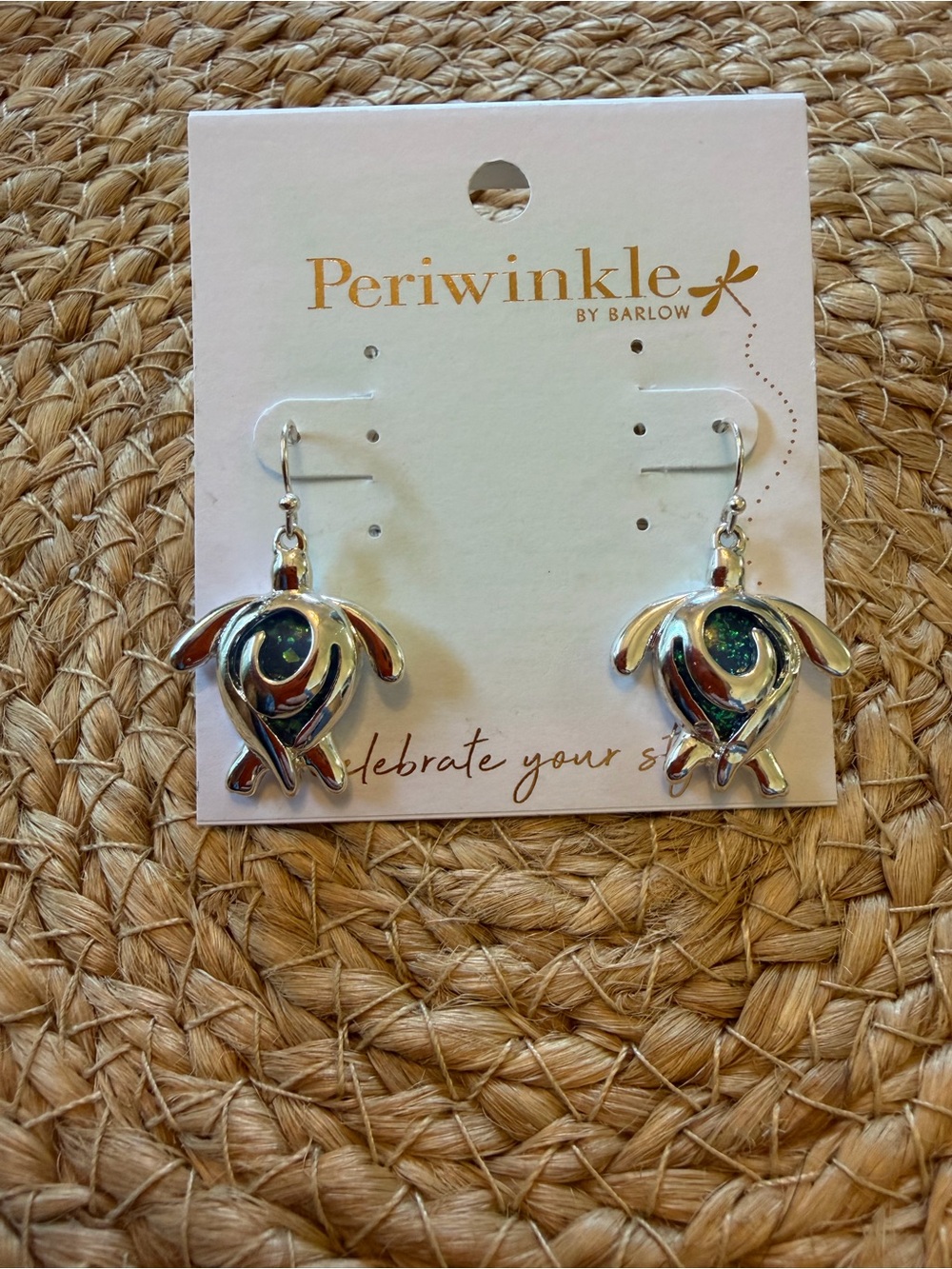 Periwinkle by Barlow Silver Turtle Earrings with Blue-Green Inlay